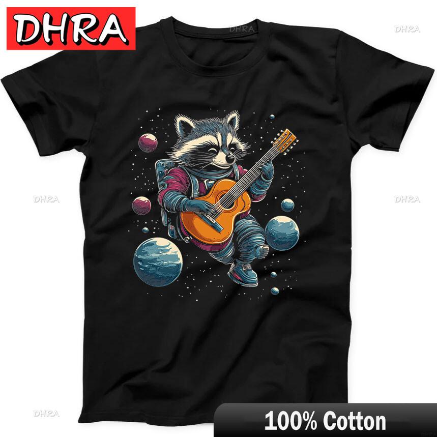 Raccoon Playing Guitar in Space Best Seller Funny Gift Black Tee T Shirt Funny Tops Tshirts for Gift Idea TShirt Unisex Camisa 4XL