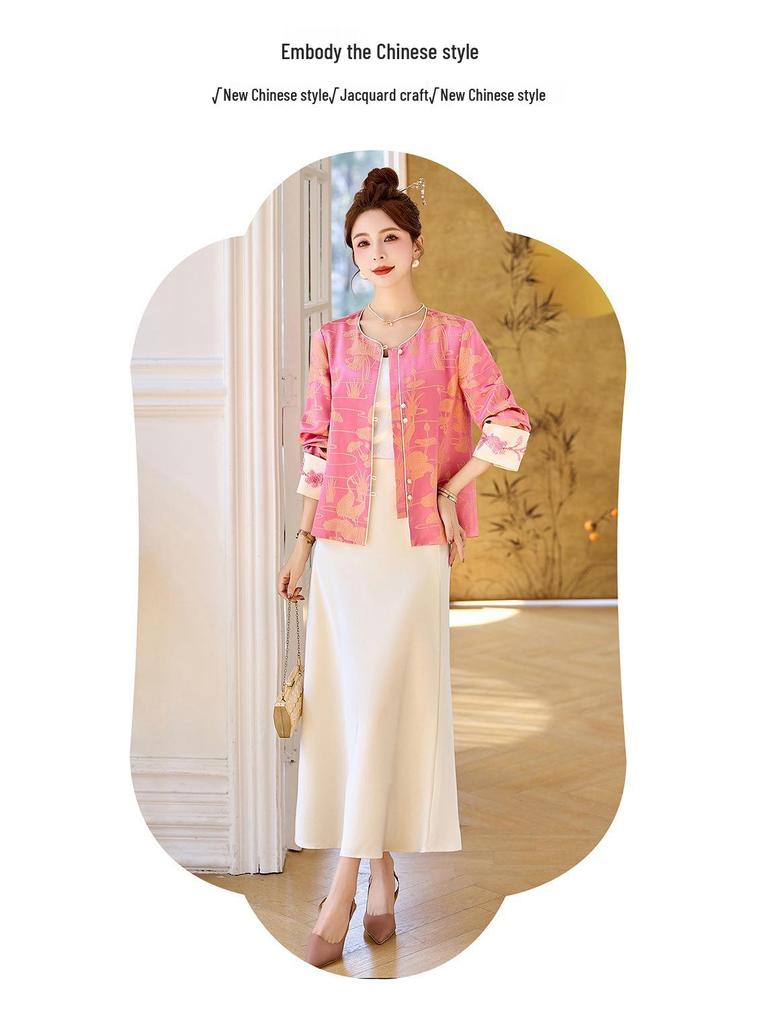 2025 Spring New Chinese Pink Jacquard Sequin Beaded Jacket Top ME5513