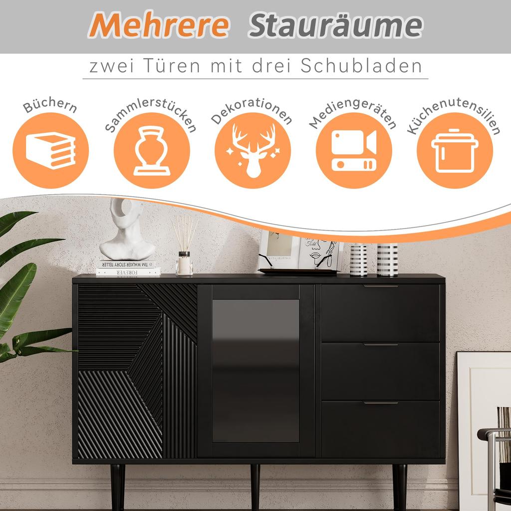 Sideboard with 3 Drawers and 2 Doors, Chest of Drawers with Glass Door and Metal Feet, Buffet for Dining Room, Living Room or Hallway, 120x38 X79.5 Cm, Black