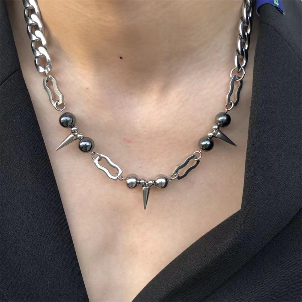 Punk Hip-hop Sliver Color Stainless Steel Rivet Tassel Round Bead Spliced Necklace for Women Collar Chain Jewelry Does Not Fade