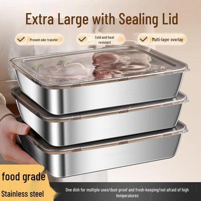 Stainless Steel Multi-Purpose Square Tray with Lid - Food Grade, Thickened, Oven-Safe, Rectangular Fresh-Keeping Box