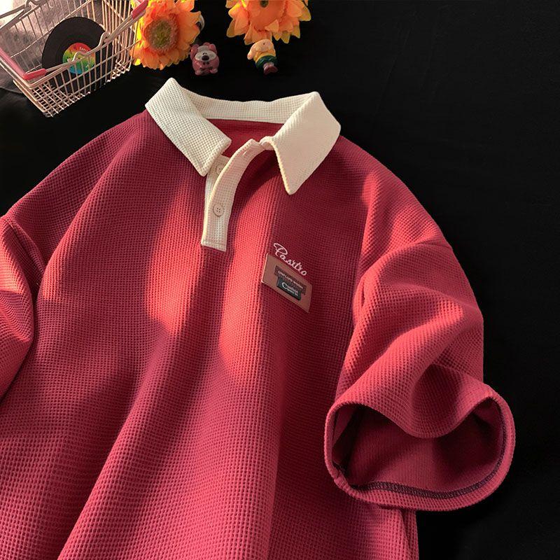 American Street Herren und Damen Trendy Personality Poloshirt Kurzarm Sommer Waffel Vintage Casual Top