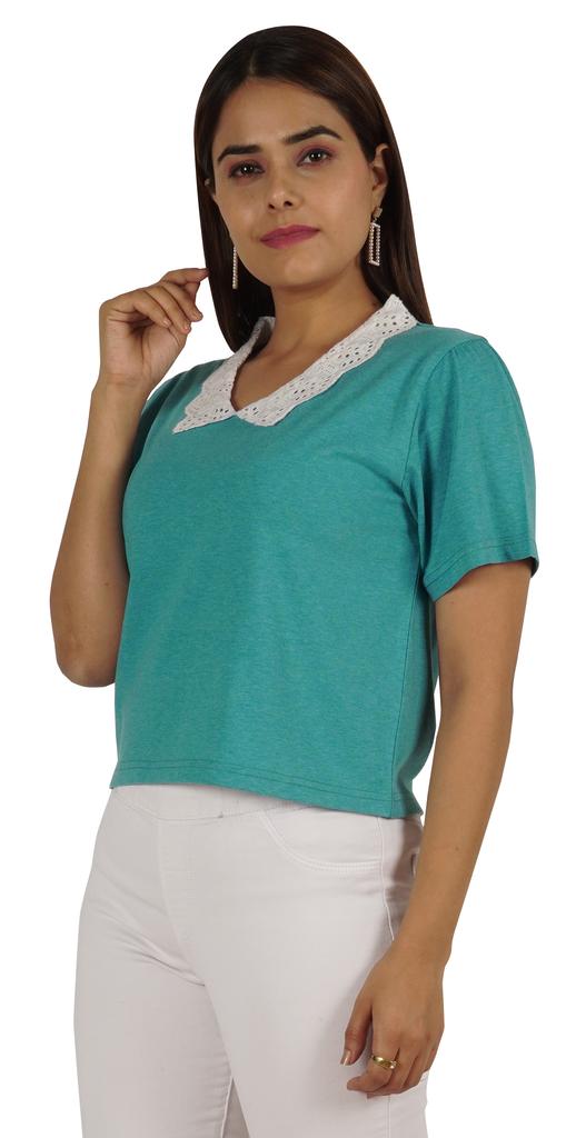 Moomaya Dámský top s krajkovým límečkem Petra Pana, hladký žerzejový krátký ležérní T-shirt