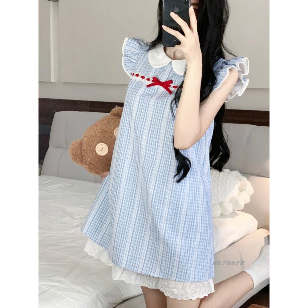 

Французский кукольный воротник синяя ночная сорочка женская летняя элегантная новая с маленькими рукавами-крылышками клетчатая милая и симпатичная уличная домашняя одежда XL- (recommended 110-60kg)