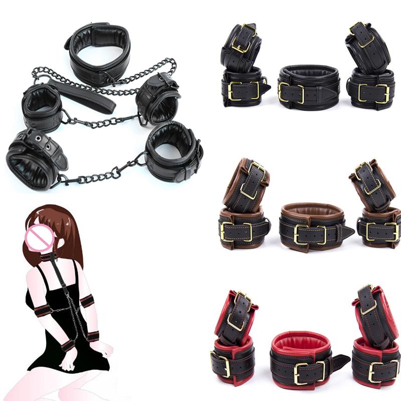 Exotic Sexy Suit Sex Toys for Adults Black Leather SM Bondage Set 3pcs Restraints Collars Ankle Cuff Handcuffs for Adult