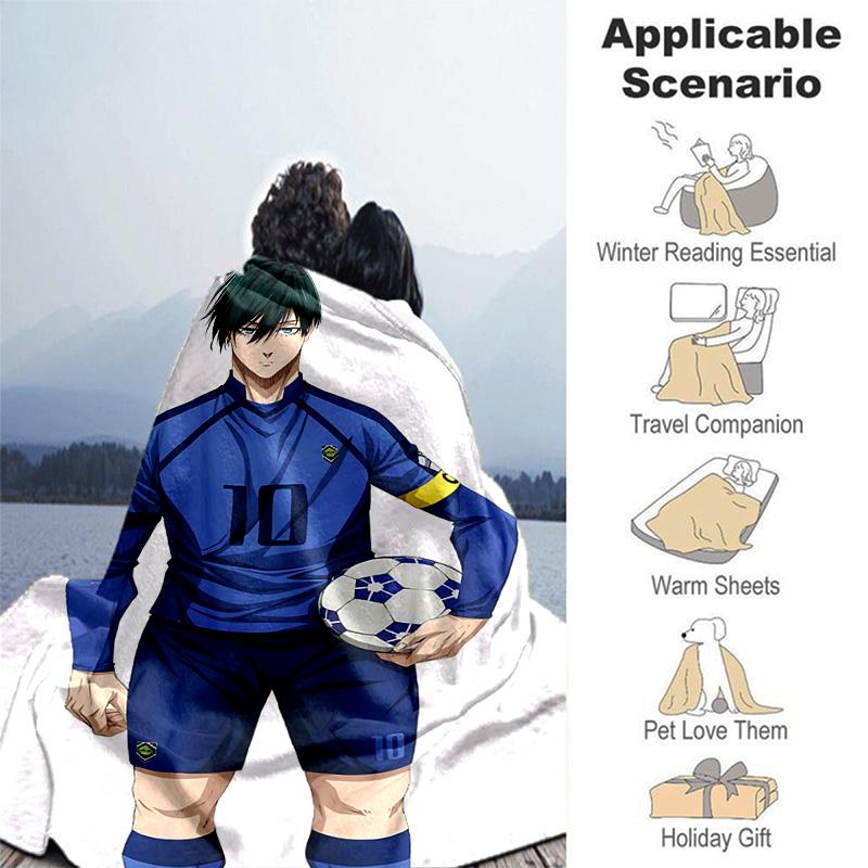 1pc Soccer Player Blue Kit Flannel Blanket Soft Warm Throw Blanket for Bedroom Living Room Bed Travel Camping Picnic Gift. MT71501140