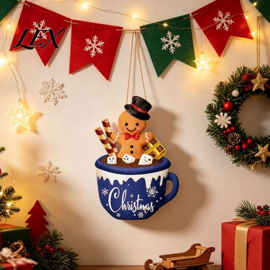 Christmas Party Theme Decor Wooden Hanging Sign, Cute Gingerbread Man Hot Cocoa Mug Welcome Door Seasonal Sign Holiday Hanger for Indoor Outdoor Front