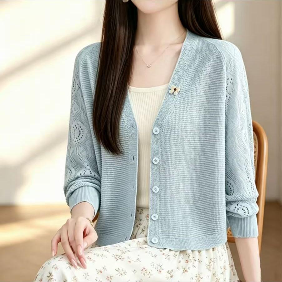 2026 Summer Ice Silk Hollow Knit Cardigan - Women's Lightweight Long/Short Sleeve Sun Protection Jacket