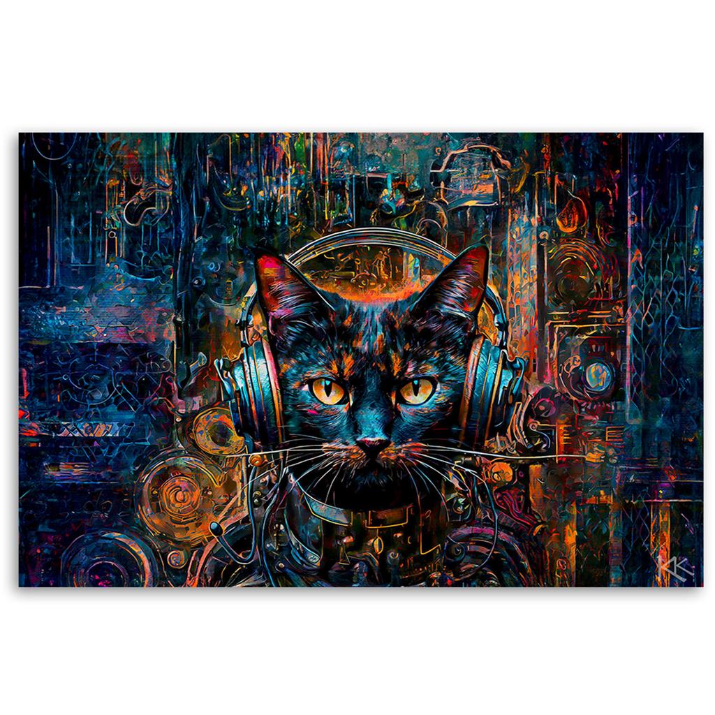 Canvas print, DJ cat in abstract colors