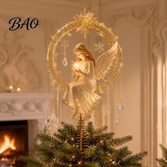 Christmas Gift for Home Angel Tree Topper, Acrylic Winged Treetop Ornament with Holiday Spring Base Xmas Tree, Party Decor Vintage Style
