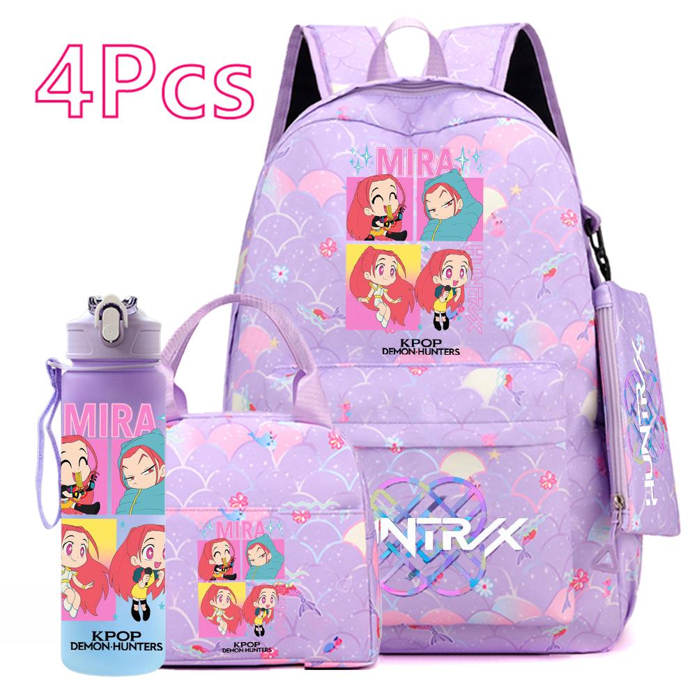 4-teiliges/Set K-POP Bedruckter Rucksack Große Kapazität Schultasche Handtasche Etui Tasche mit 750 ml Wasserflasche Junge Mädchen Schultasche wasserdicht Reisetasche Mochila