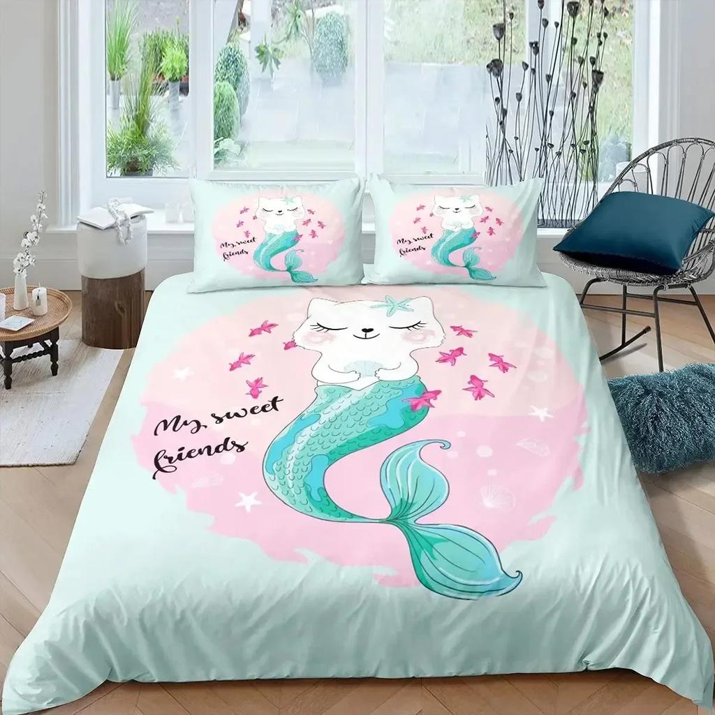 Rainbow Cartoon Cat Colorful Mermaid Comfortable Duvet Cover Pillowcase Bedding Set Children Bedroom Decoration Home Textile