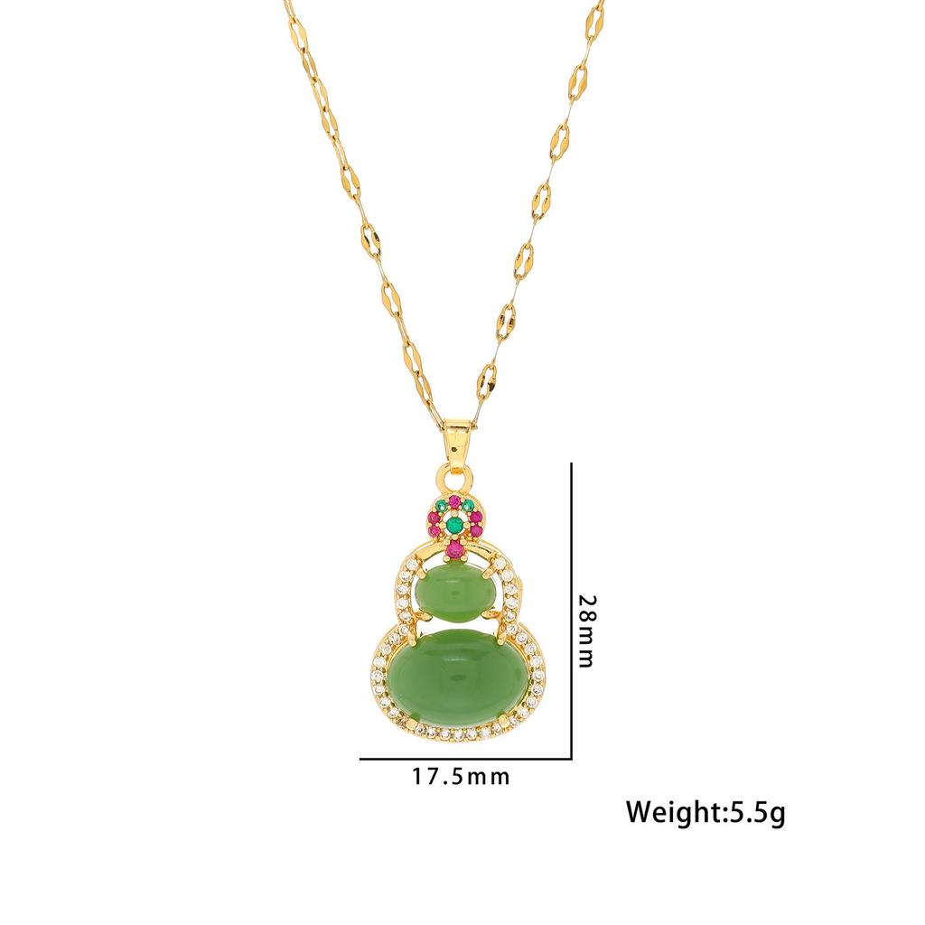 Elegante Pingente de Cabacinha com Fecho de Paz de Jade - Corrente para Clavícula em Aço Titânio no Estilo Chinês Retro