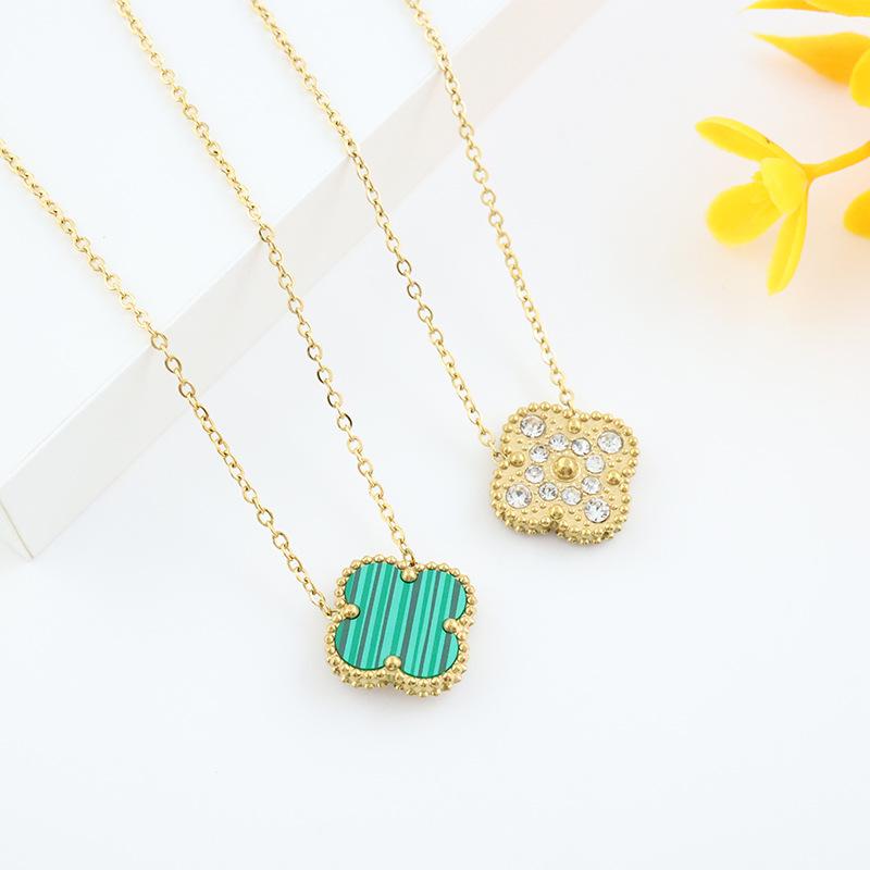 Inlaid Rhinestone Women's Pendant Titanium Steel Four-Leaf Clover Double-Sided Necklace Temperament Hundred Matching Collarbone Chain