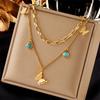 Gold Plated Double Layer Butterfly Turquoise Necklace, Stainless Steel Paperclip Chain Choker, Waterproof Jewelry for Women Gift