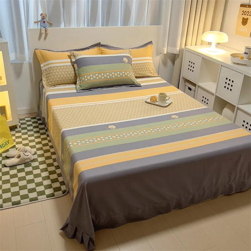 3Pcs Simple Geometric Plaid Bed Sheet Set 100% Cotton Skin-friendly Queen Size Bedding Set Thickened Flat Sheet with Pillowcases