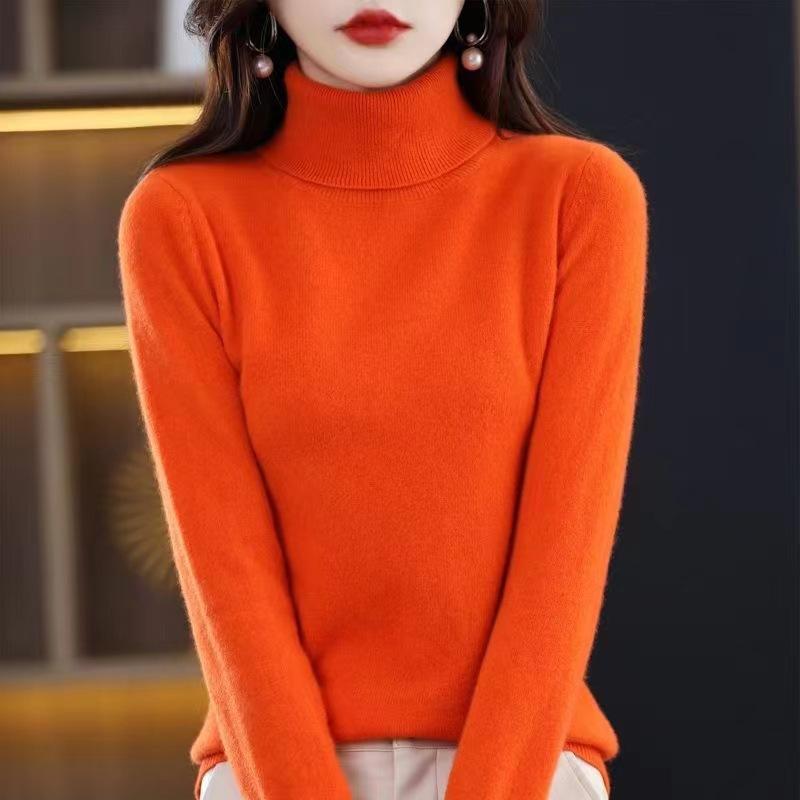 Winter Sweater Long Sleeved Knitted Sweater Solid Color Versatile Temperament Women's Base Shirt