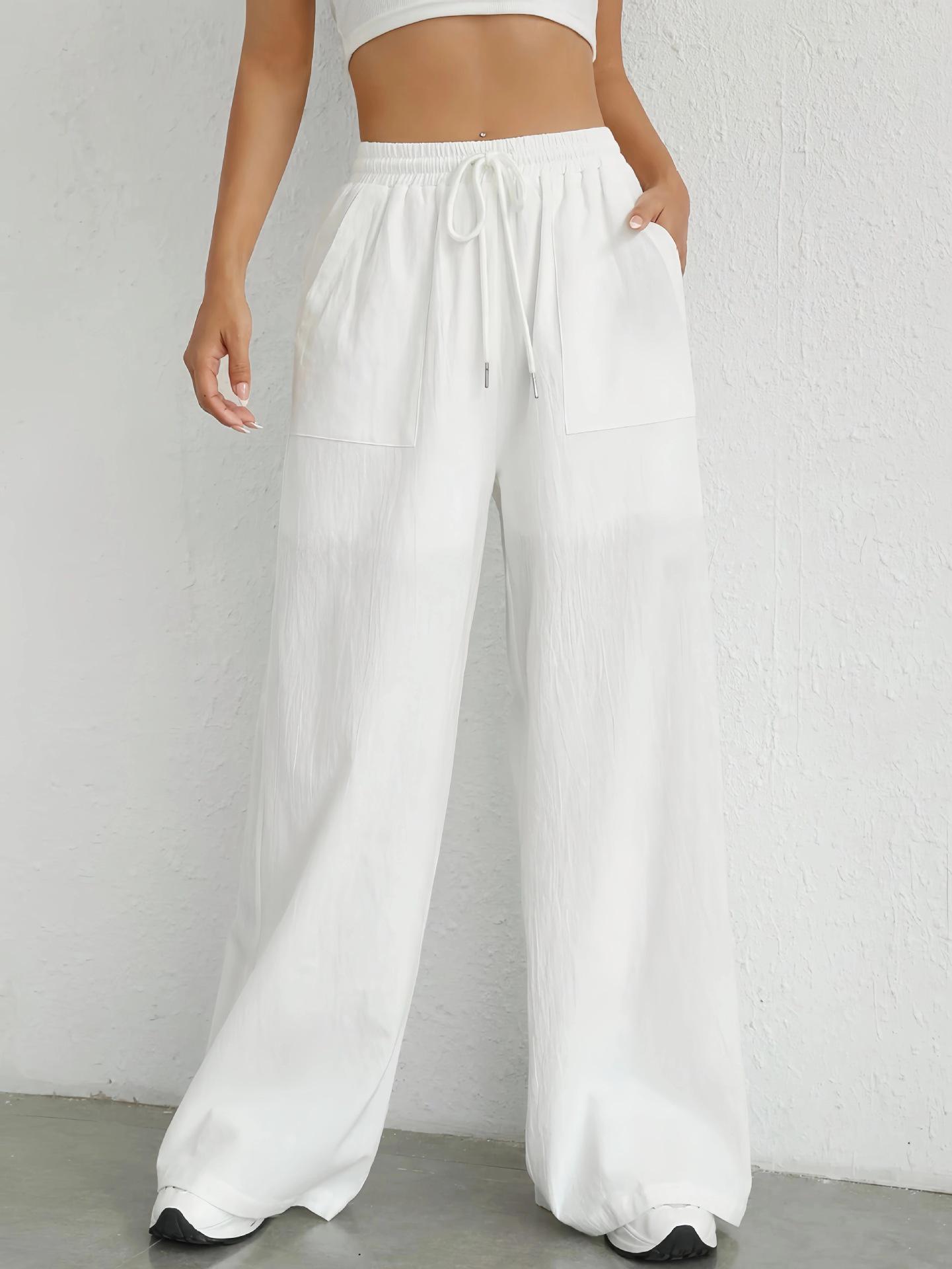 2026 Summer Women s Solid Color Drawstring Straight Leg Micro Flare Casual Pants with Pockets Extra Large