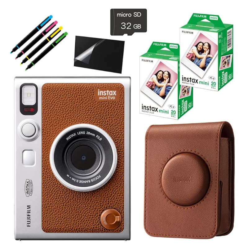

fujifilm Instax instax mini Evo & case & 40 instax films & microSD32GB & LCD protective film & deco pen (Brown, 7-piece set)
