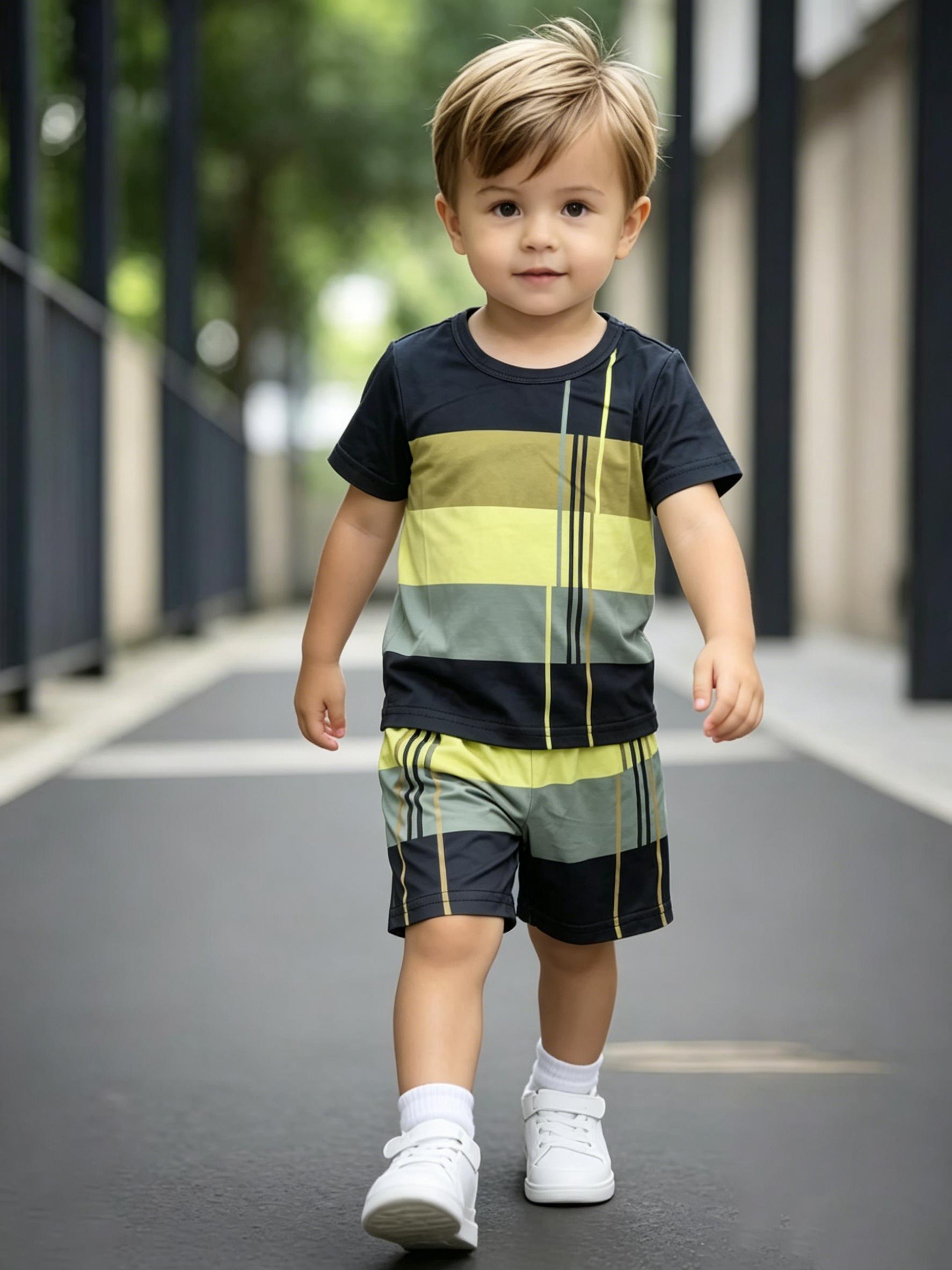 

Toddler Boys Cool Color Block Stripe 2-Piece Outfit, Summer Casual Clothes for Kids, Perfect for Playwear & Outdoor 5-6Y жовтий