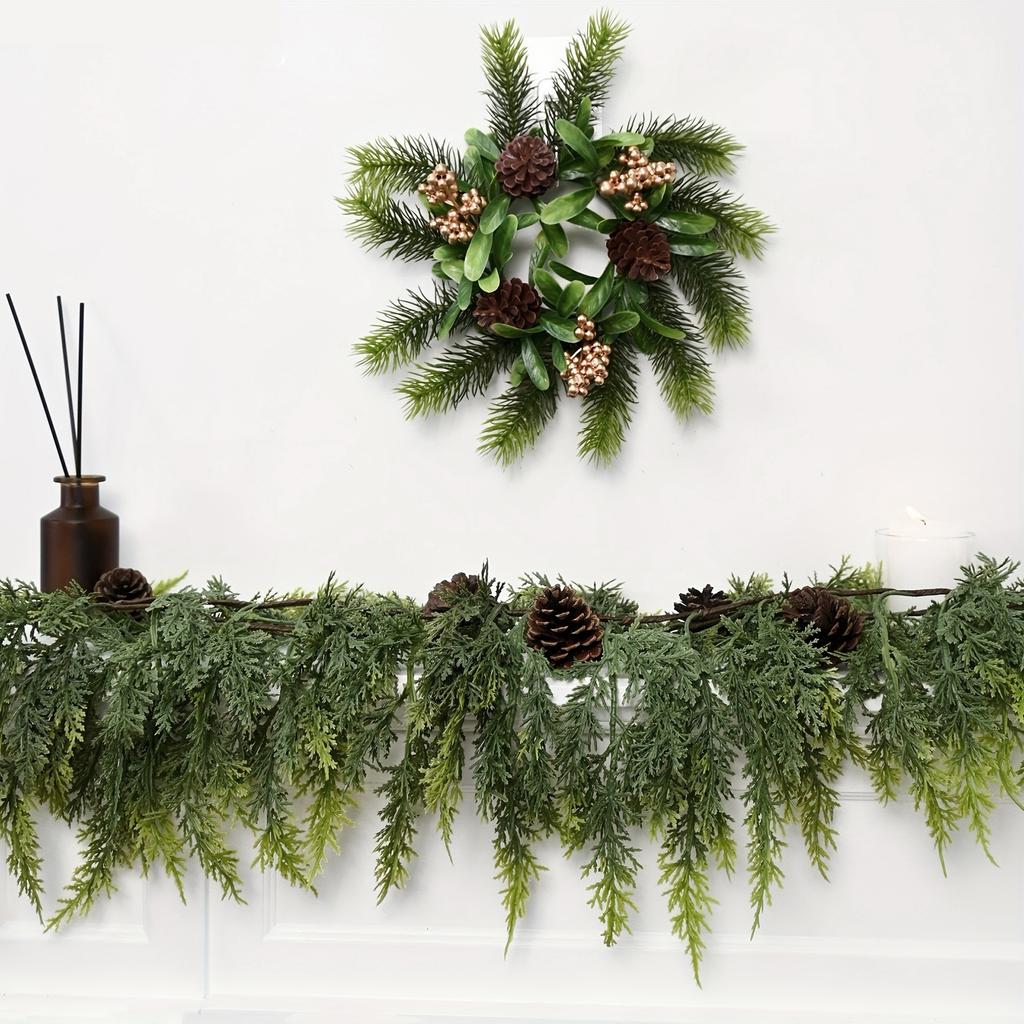 Artificial Christmas Pine Wreath Plastic Pine Needles Rattan Fake Plants Christmas Hanging Ornament Xmas Fireplace Decoration