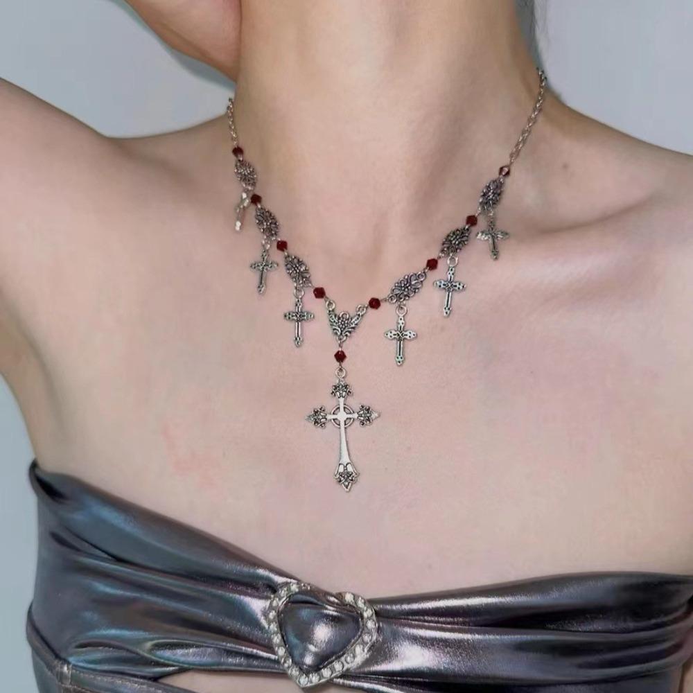 Hip-hop Personality Sliver Color Cross Tassel Pendant Red Crystal Beads Necklace for Women Punk Gothic Halloween Jewelry Gift