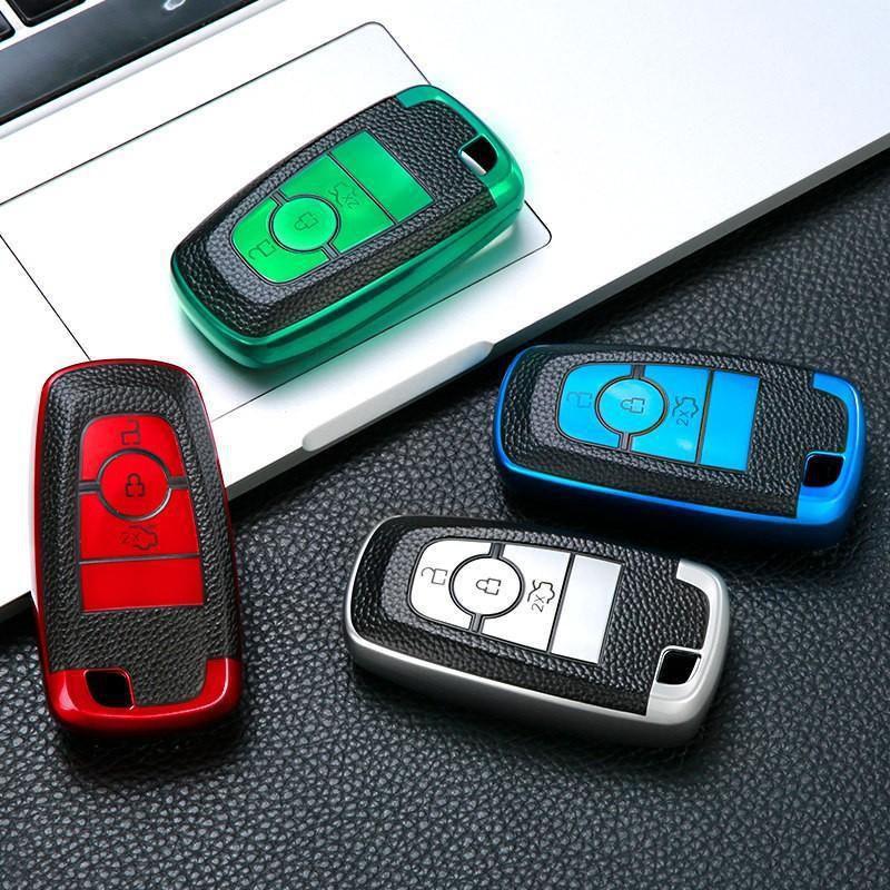 Premium Leather-Texture Ford Key Cover Mondeo Focus Escort Edge Escape Explorer Taurus With Chrome Metal Clip Or Woven Strap