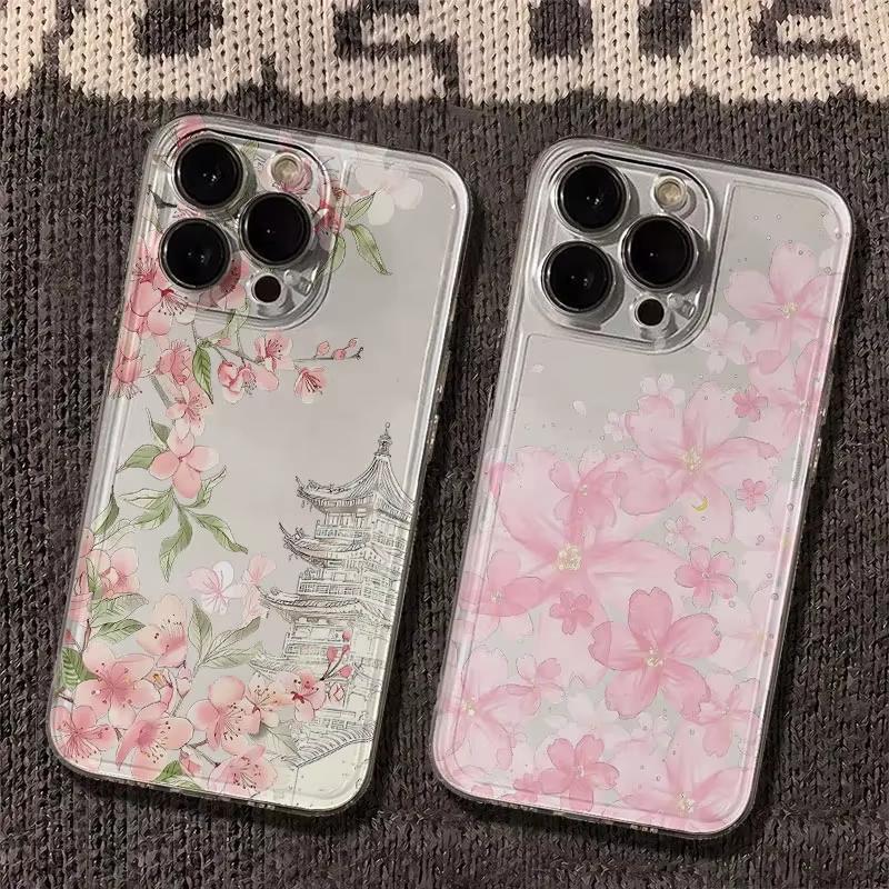 Pink Floral Pattern Transparent Phone Case For IPhone 17 16 15 14 Plus 13 12 11 Pro MAX 16E 17E Air Phone Cover Coque Funda