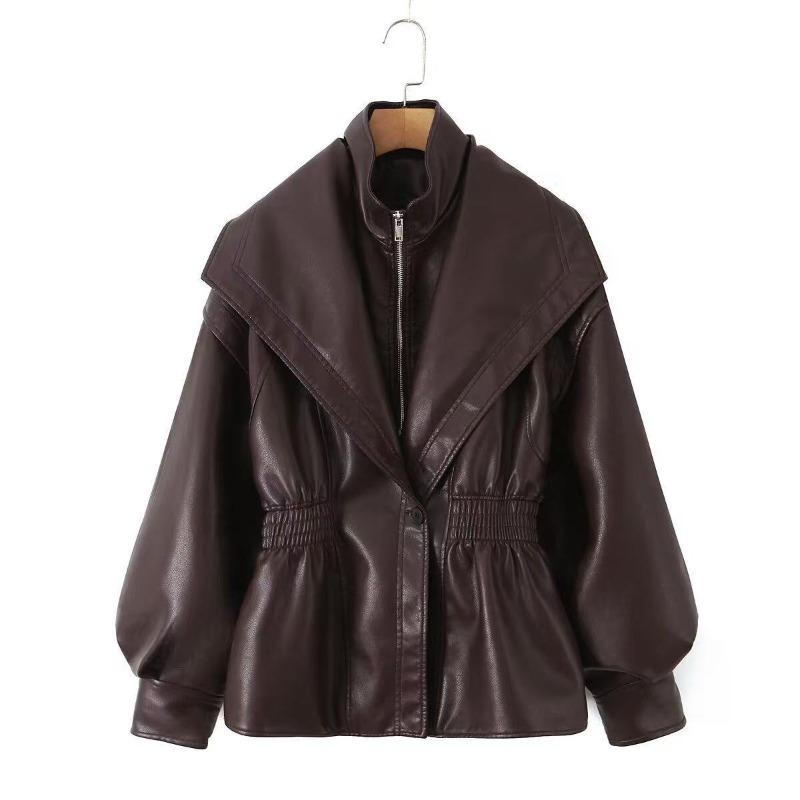 New British Style Elastic Waist Leather Jacket for Women