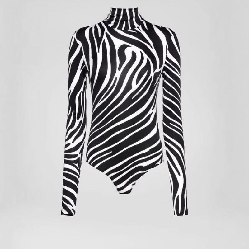 Womens Fashion Zebra Print Jumpsuit Long Sleeve High Stretch Milk Silk Bodysuit 2025