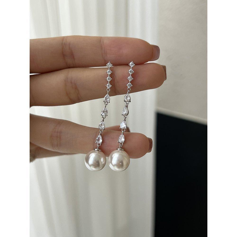 Solid Silver Zircon Long Pearl Earrings Light Luxury Personality Exquisite Jewelry Accessories Niche Simple High-end Earrings
