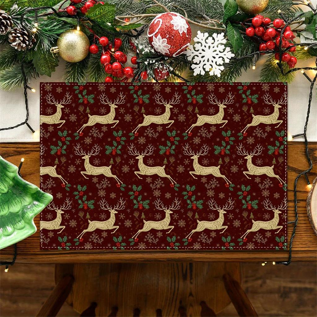 Reindeer Holly Snowflake Christmas Placemat, Washable, Festive Dining Table Atmosphere Placemat