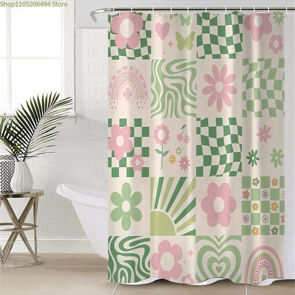 1pc Pink Flower Green Grid Digital Print Shower Curtain, No Drill Bathroom Partition