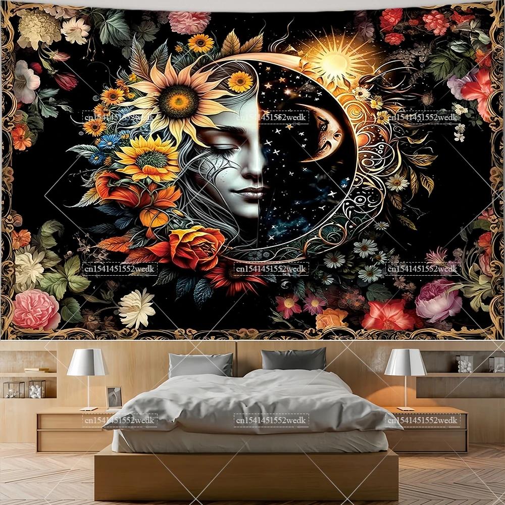 Sun And Moon Astrology Tapestry Celestial Boho Hippie Floral Plant Tapestries Wall Hanging Aesthetic Room Decoration Posters