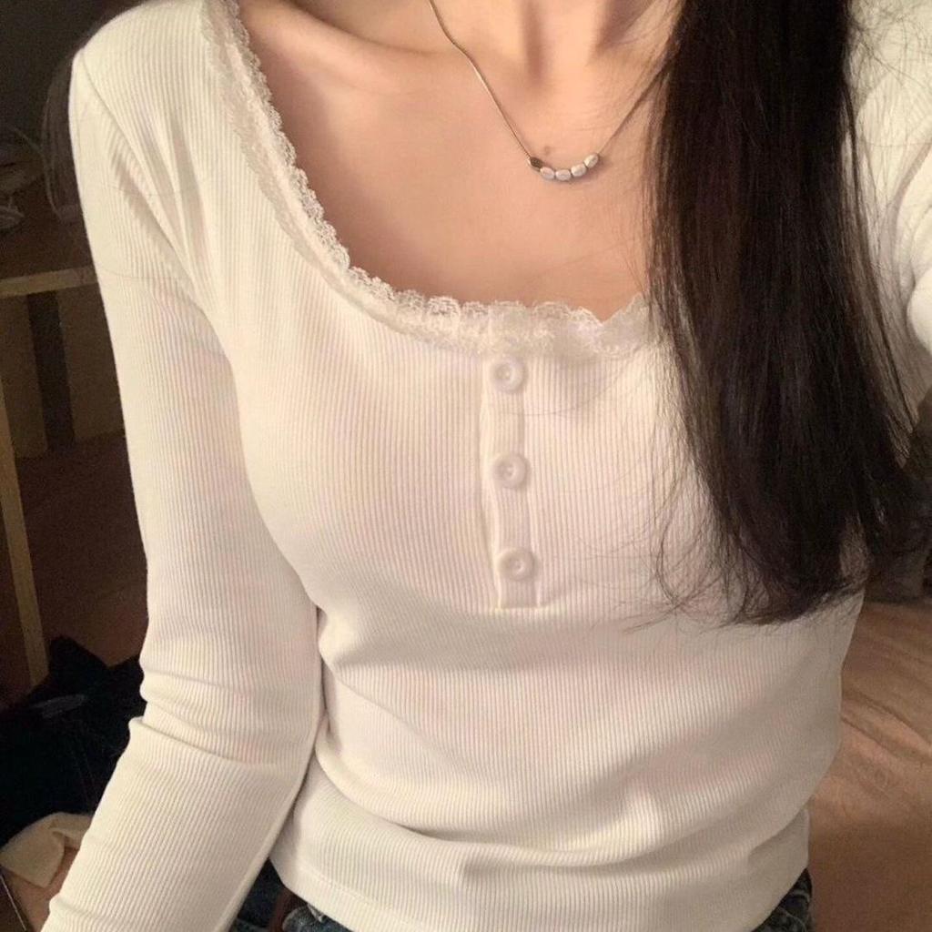 Damen Spitze Quadratischer Ausschnitt Kaschmir Basis-Layer - Schlankmachendes Fleece-gefüttertes Warmes T-Shirt für Herbst/Winter