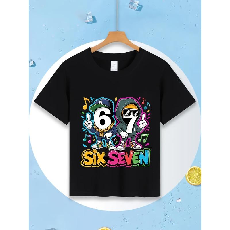European Sizes Boys' Casual Short Sleeve T-Shirt - Stretchy & Breathable Summer Top with Hip-Hop Style Number "67" Graphic, Round Neck Kids' Tee