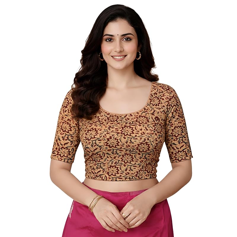 Amazon Brand Anarva Women' Kalamkari Print Cotton Stretchable Round Neck Readymade Saree Blouse (KalamkariBlouseSoi