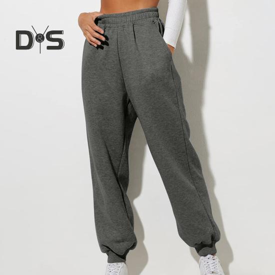 Women Pants High Elastic Waist Ankle Banded Solid Color Casual Soft Warm Pockets Loose Spring Fall Sweatpants Jogging Trousers