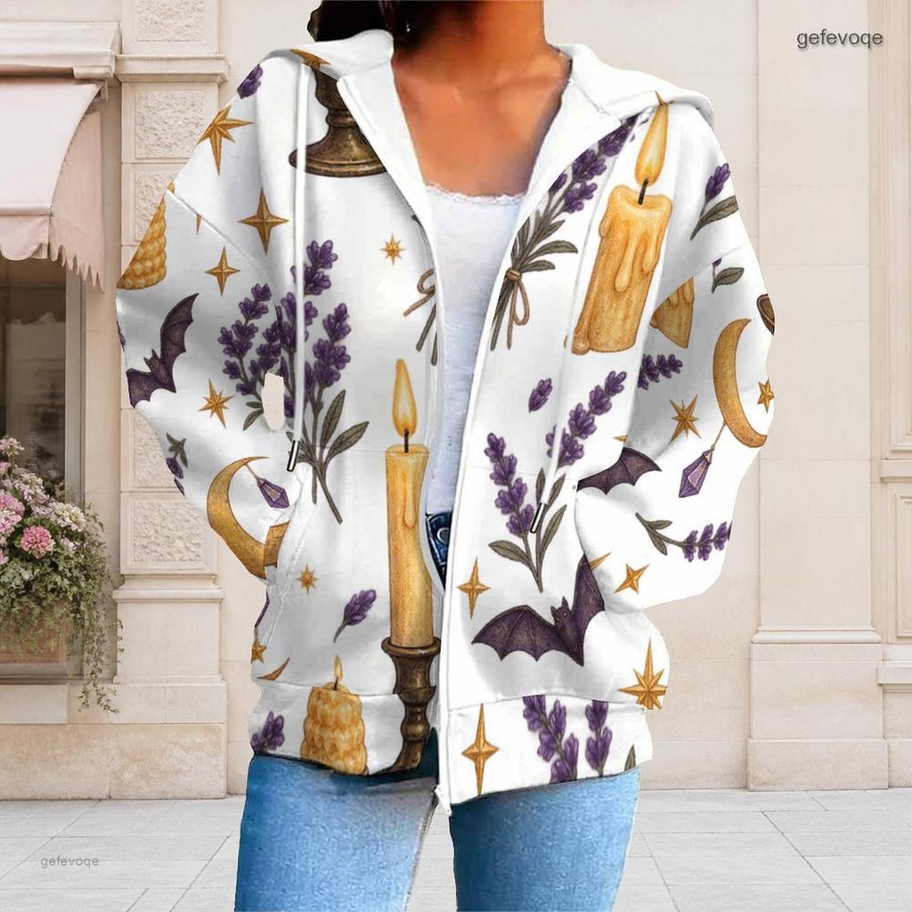 Women Plus Size Zip Up Long Sleeve Drawstring Hoodie White Dark Rose Bat Key Lock Printed Sweatshirt With Pockets