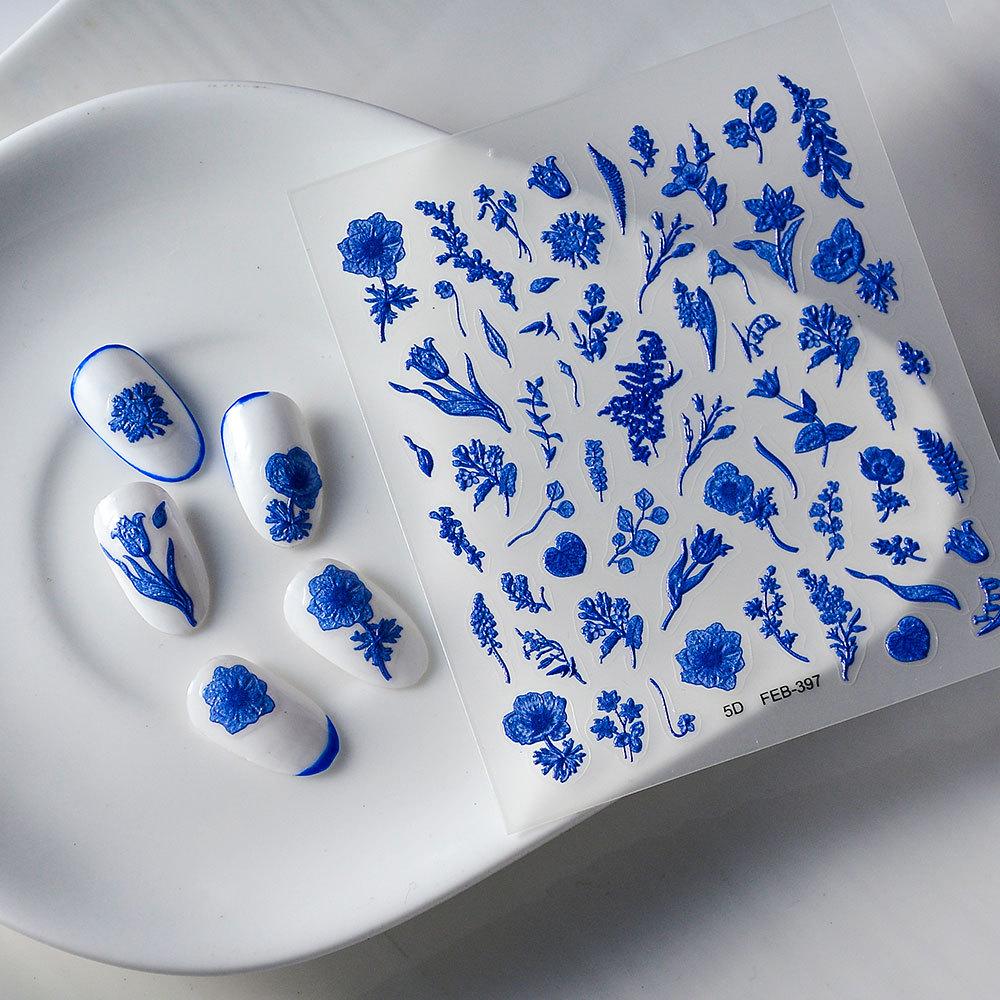 3D Embossed Valentine's Day Nail Stickers - Blue Wheat Ear Flower Design