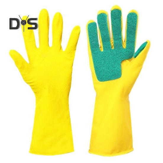 

1 пара резиновых перчаток для мытья посуды, латексный материал, губка для мытья посуды, нескользящие длинные перчатки для кухни и ванной комнаты жёлтый