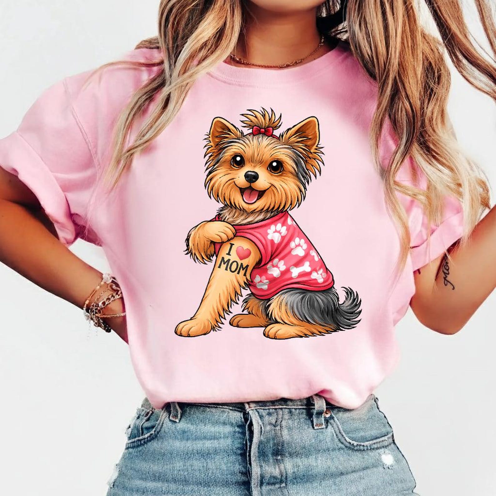 Tattooed Yorkie Shirt, Yorkshire Terrier I Love Mom Tee, Dog Lover Gift 4XL