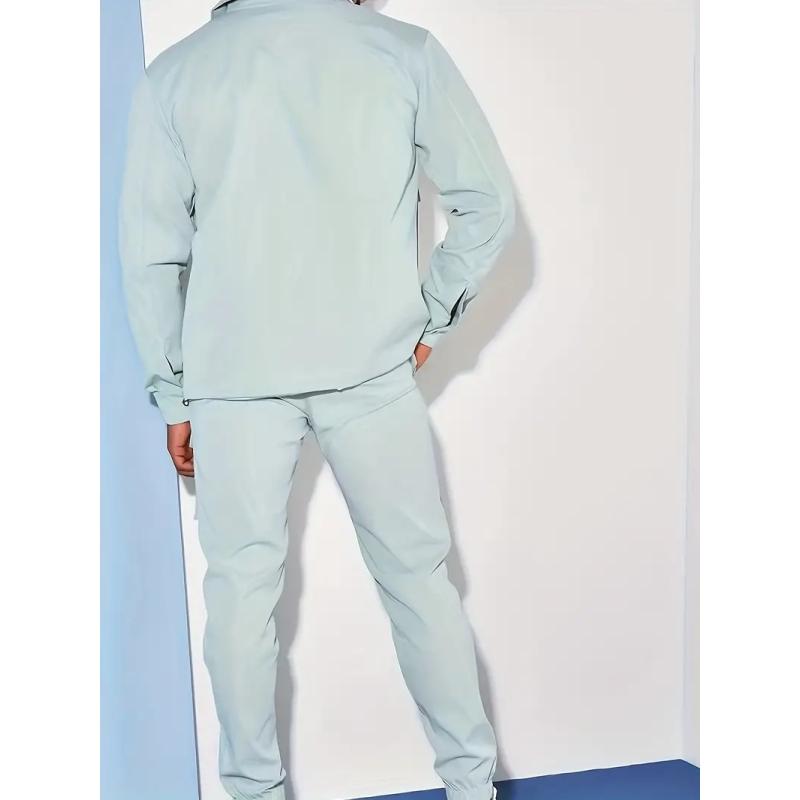 Men's, Solid Color Long Sleeve Button Down Jacket with Chest Pocket and Drawstring Pants with Multiple Pockets, Outdoor 2 Piece Set