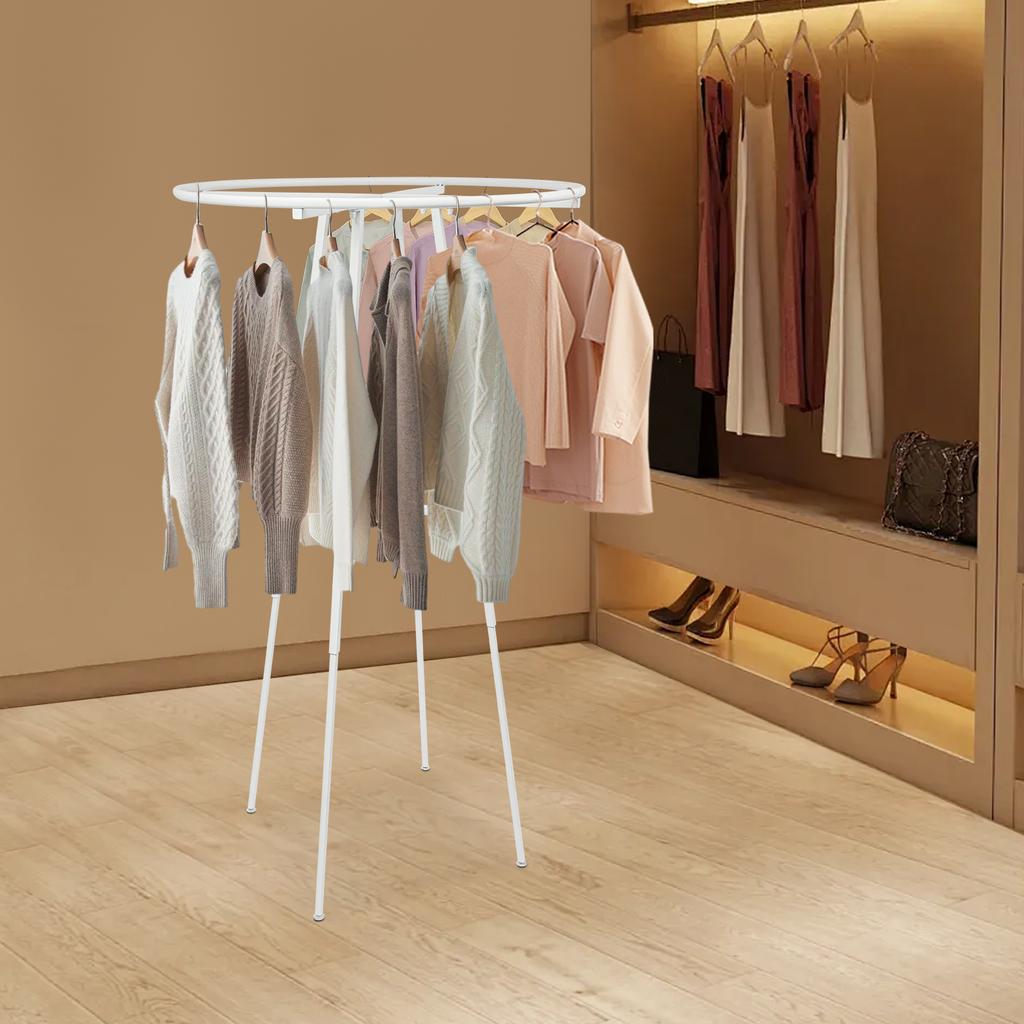 360-Degree Rotating Garment Rack, White Steel Round Display Rack for Clothing & Apparel, Adjustable Height 4 to 6 Feet for Store