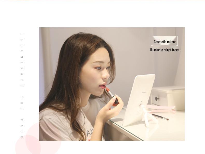 Peach LED Makeup Mirror with Intelligent Touch Dimming, HD Lighting, and Rechargeable Function.