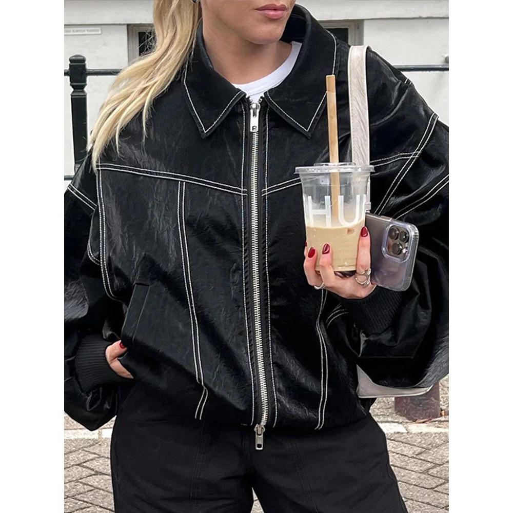 Women Zipper Leather Bomber Jackets Coats Oversized Contrast Stitch Lapel Long Sleeve Jacket Motorcycle Autumn Outwear Tops
