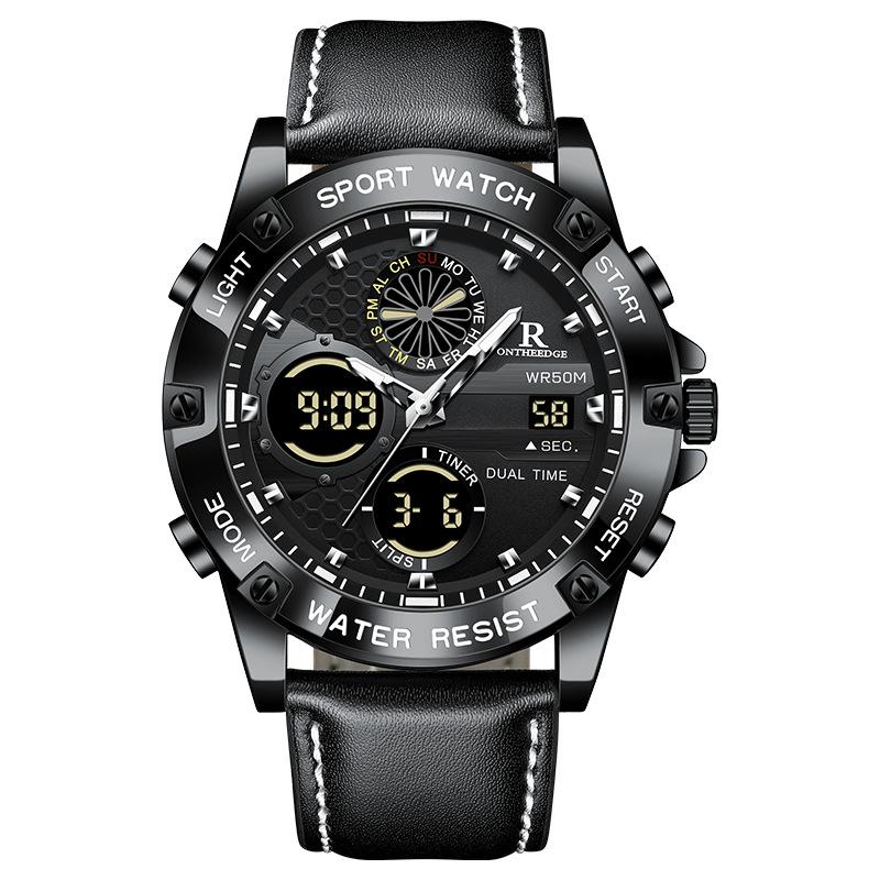 Outdoor Sport Electronics Watch for Men Leather Strap Auto Date Casual Waterproof Luminous Dual Digital Watches