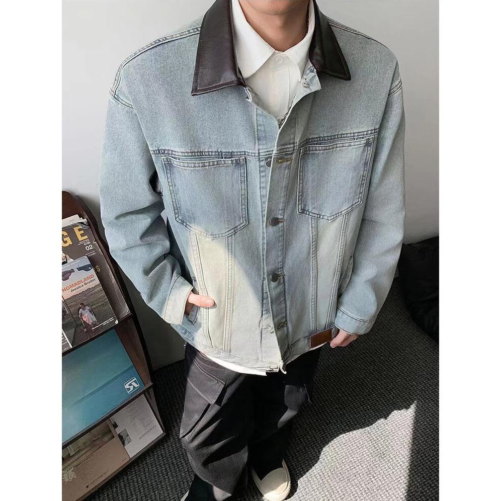 

Men s Trendy Retro PU Leather & Denim Patchwork Jacket - Casual Spring/Autumn Lapel Workwear L синій