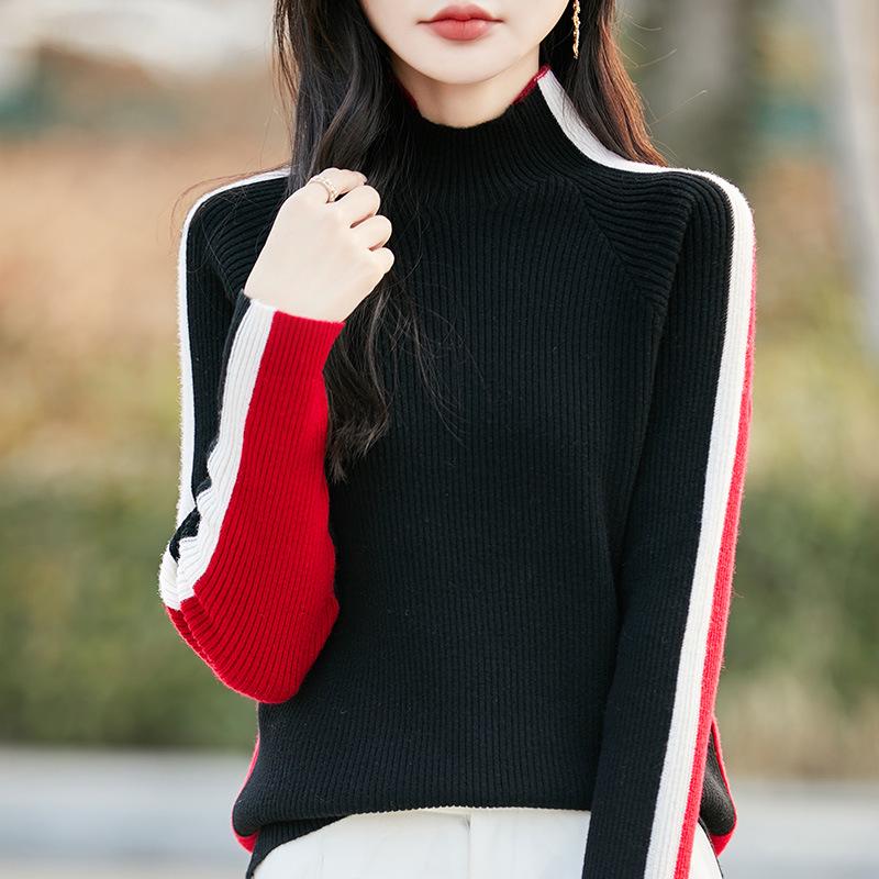French Color-Block Ribbed Wool Knit Top - Women's New Autumn/Winter Long-Sleeved Half-High Neck