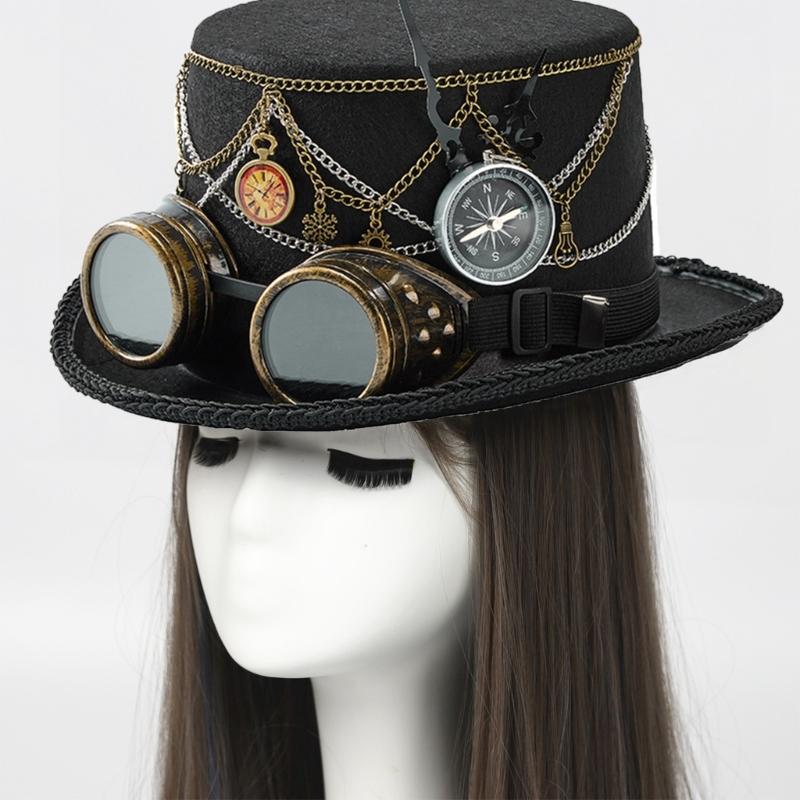 Dark Top Hat Steampunk Goggles Style Top Hat With Metal Chain Gothic Themed Cosplay Costume Accessories